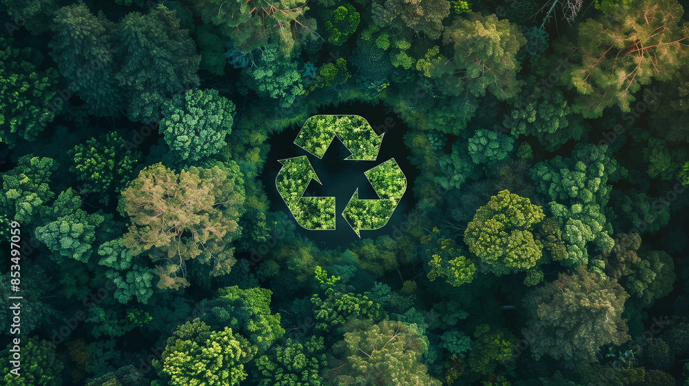 Poster a forest with a green circle in the middle that says recycle. the circle is surrounded by trees and 