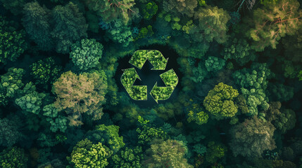 A forest with a green circle in the middle that says recycle. The circle is surrounded by trees and is the center of the image