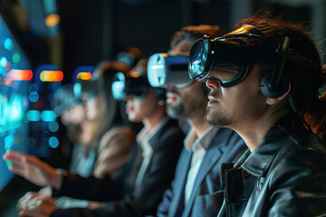 High Tech business office professionals using a virtual reality headset and presentation, futuristic and immersive. Futuristic and High Tech Concept. Generative AI