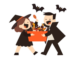 ハロウィンでお菓子掴み取りをしている子どもたちのかわいいイラスト