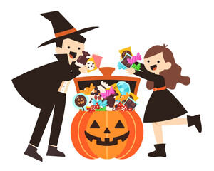 ハロウィンでお菓子掴み取りをしている子どもたちのかわいいイラスト