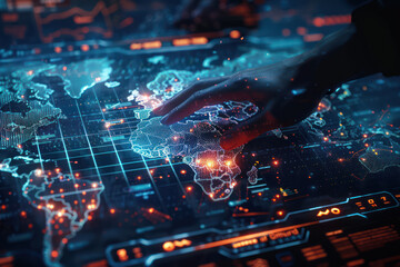 Global finance map with interactive touch screen, futuristic and innovative. Technology and futuristic concept. Digital healthcare and network on modern virtual. Generative AI