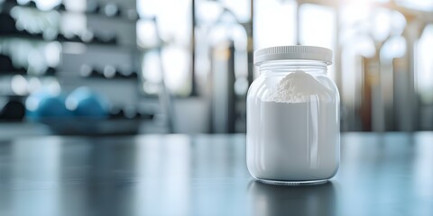 Design Concept Creatine Monohydrate Powder Jar Mockup for Bodybuilders in Gym. Concept Product Packaging, Bodybuilding Supplements, Gym Lifestyle, Fitness Brand, Creatine Monohydrate