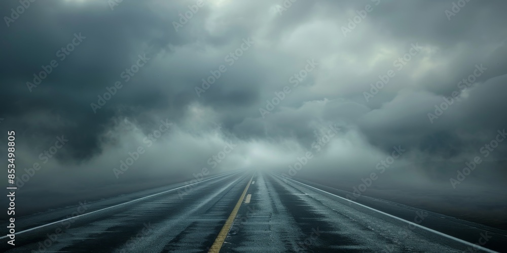Poster highway vanishing into clouds, creating a mysterious and mystical atmosphere