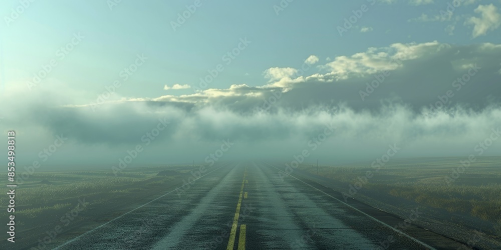 Poster highway vanishing into clouds, creating a mysterious and mystical atmosphere