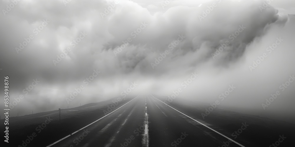 Poster highway disappearing into the clouds, symbolizing a journey into the unknown and beyond