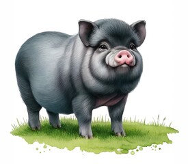 A Vietnamese Pot-bellied Pig standing on grass. Watercolor illustration style.