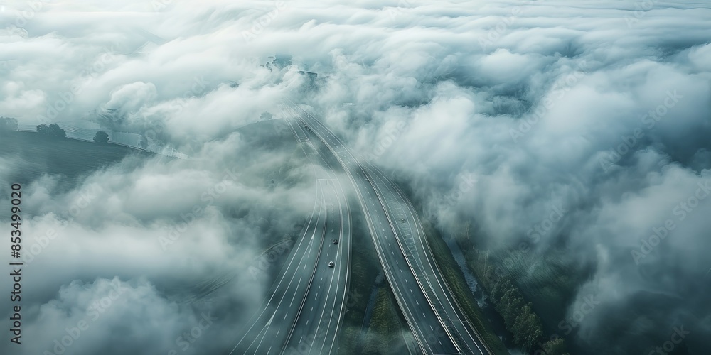 Poster aerial perspective of a highway traversing through clouds, creating a surreal and dreamlike ambiance