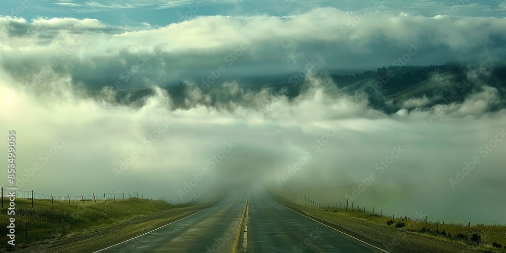 Poster highway disappearing into clouds, symbolizing a journey into the unknown and beyond