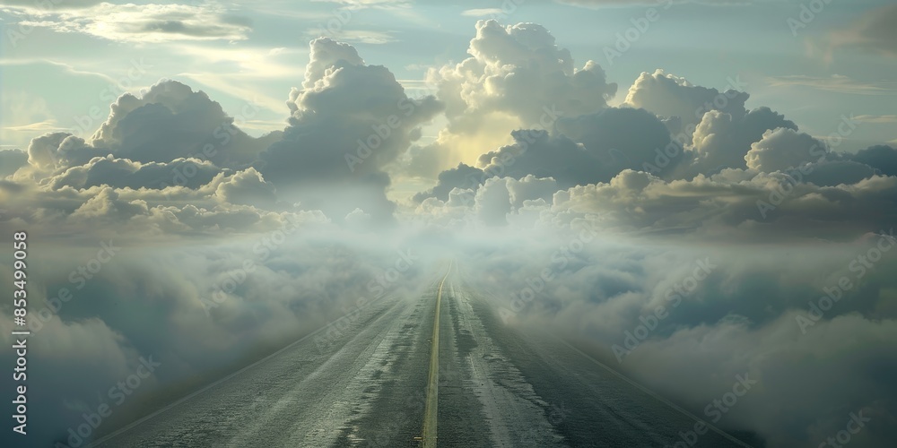 Poster highway disappearing into clouds, symbolizing a journey into the unknown and beyond
