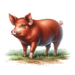 A Duroc pig standing on grass. A watercolor illustration style.