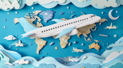A whimsical paper art scene of a commercial airplane flying over a world map, with the continents and oceans intricately cut out and layered. The airplane is shown with detailed windows, wings, and