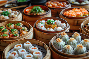 Close-up of a Chinese dim sum selection with meat in a bamboo steamer, intricate details of dumplings, traditional food style. Food and cuisine concept for poster or menu restaurant, Ads