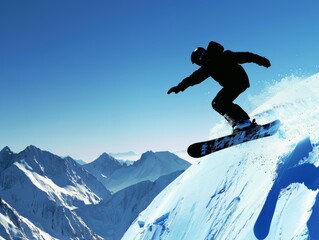 Snowboarder performing mid-air trick on snowy mountain backdrop.