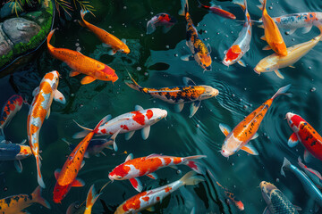 A serene pond teeming with koi fish, their vivid patterns creating a dynamic tapestry beneath the water's surface. showcasing the beauty of nature for Ads, banner, magazine. Generative AI