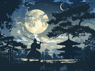 Naklejka premium Samurai warrior in battle stance silhouette, traditional Japanese art illustration.