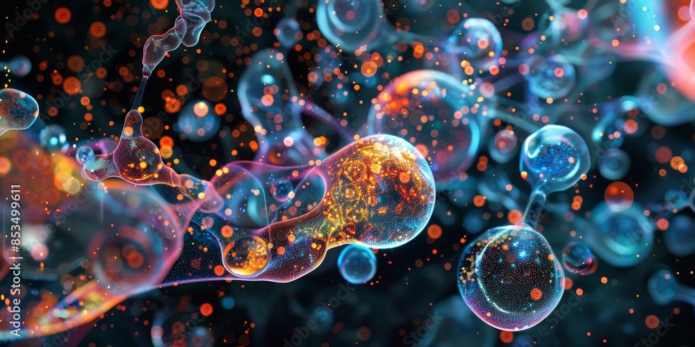 Aufkleber digital biotech cell interconnected network visualization, representing the synergy and interconnect
