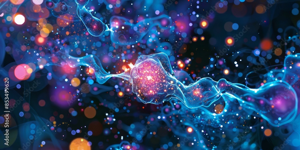 Poster digital biotech cell interconnected network visualization, representing the synergy and interconnect