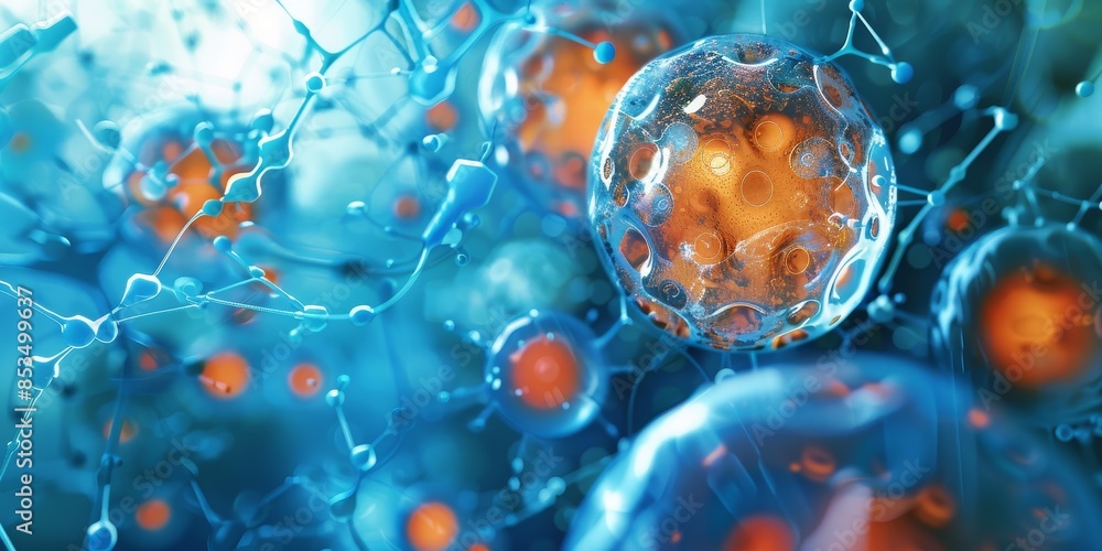 Poster modern biotech cell interconnected concept, featuring a network of interconnected cells symbolizing 