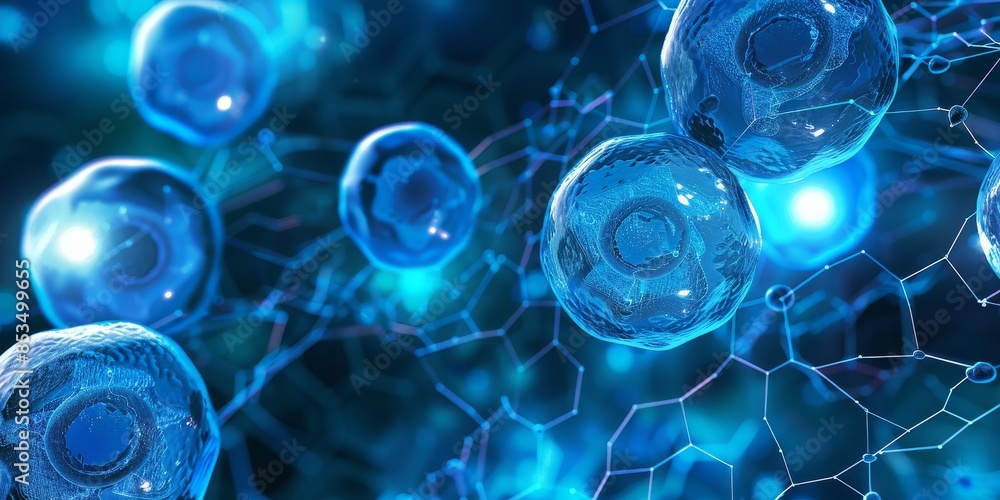 Poster modern biotech cell interconnected concept, featuring a network of interconnected cells symbolizing 