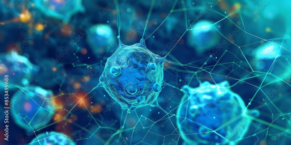 Poster dynamic biotech cell interconnected graphic, symbolizing the interconnectivity and synergy of cellul