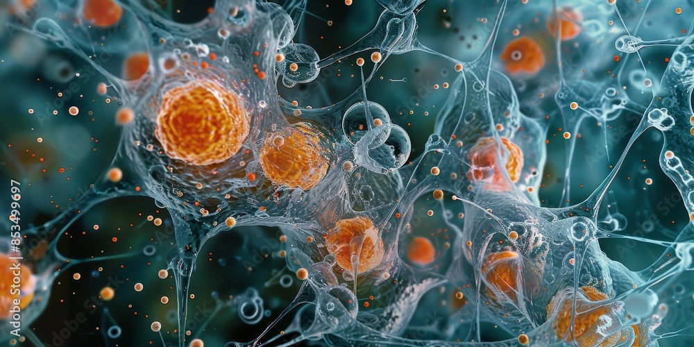 Poster complex biotech cell interconnected structure, representing the intricate relationships within biolo