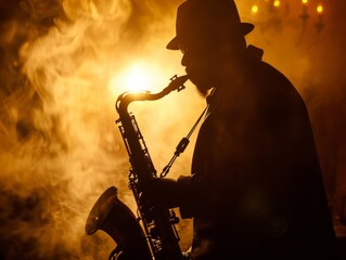 Silhouette of Jazz Musician Playing Saxophone in Smoky Atmosphere Concert Performance Illustration