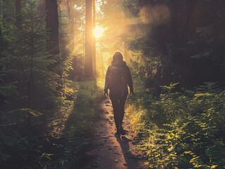 Obraz premium Person Hiking Trail Through Enchanting Forest Landscape at Sunset