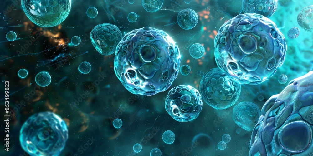 Poster modern biotech cell interconnected system design, showcasing the interconnected pathways and interac