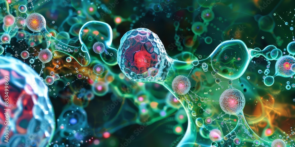 Poster complex biotech cell interconnected concept, illustrating the intricate network of cellular interact