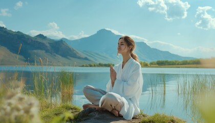 A white shirt woman sitting by the lake with her eyes closed in meditation, niksen concept