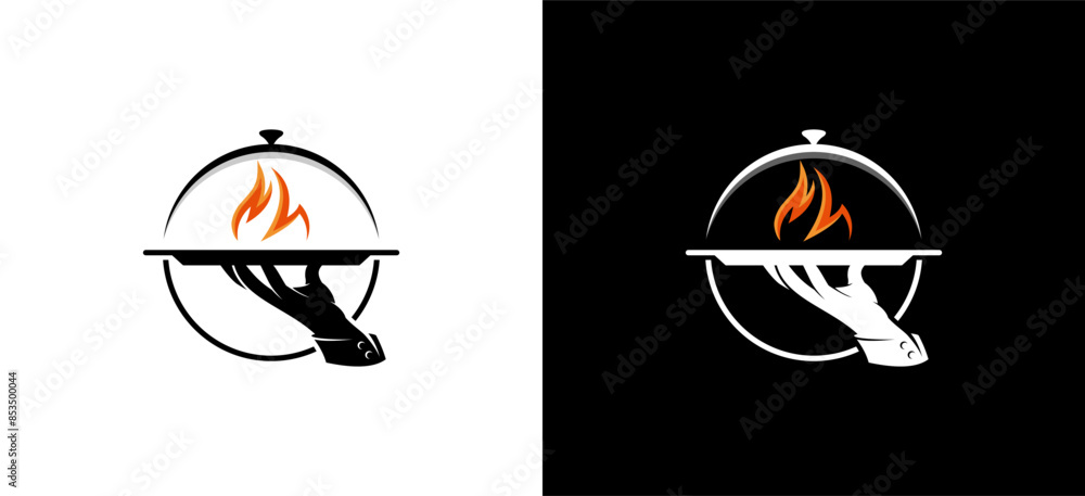 Wall mural logo of waiter hand holding tray with fire symbol. design menu restaurant, canteen, cafe