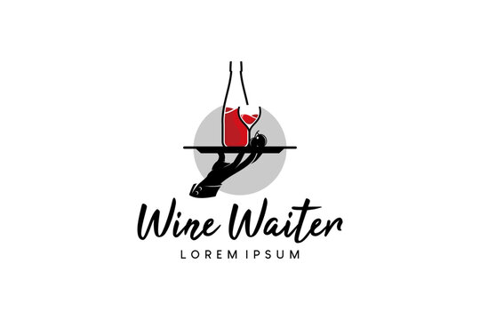 Wine tray hand logo design, vector illustration of bartender, sommelier or waiter