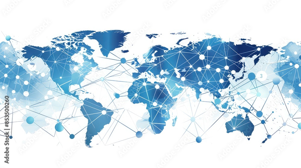 Poster global network structure with interconnected nodes representing data exchange, technology, blue and 