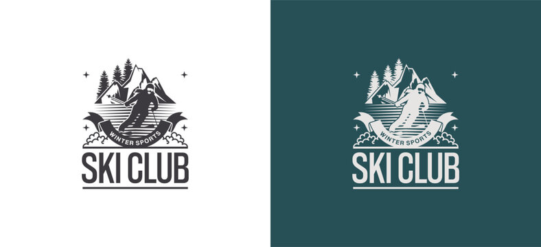 Ski club logo design with skier skiing on high mountain background, ski club retro badge symbol