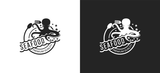 Seafood restaurant logo design template, octopus symbol premium vector label