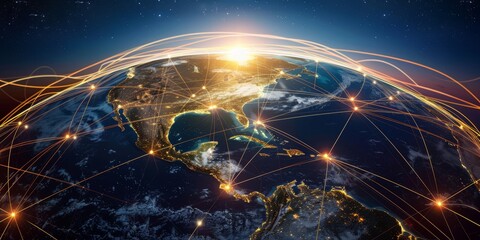 A glowing globe with intricate lines mapping out global connections, emphasizing the brilliance of international cooperation and shared knowledge