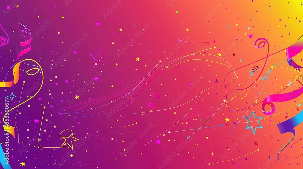 Poster continuous line drawing of a party banner with stars and streamers, minimal, vector, dynamic lines, 