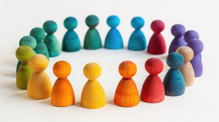 Obraz premium Wooden figures in a circle around TEAM blocks, representing collaboration and group dynamics, bright white background, sharp focus