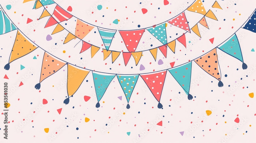 Poster continuous line drawing of a banner with festive flags, minimal, vector, simple lines, cheerful and 