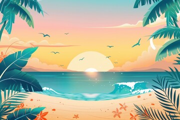 Fototapeta premium A beach scene with an orange umbrella and two orange starfish