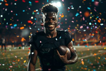 Celebratory African American Football Player Enjoying Victory on the Field at Night