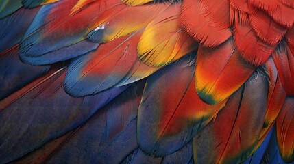 Obraz premium Parrot feather texture, vibrant red, blue, and yellow hues, detailed and colorful, Photorealistic