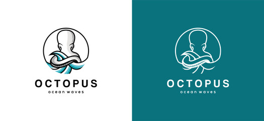 Ocean logo design with octopus tentacles hugging waves illustration © SlametWahono