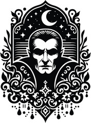 dracula in silhouete with bohemian nature pattern illustration