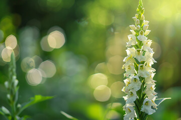 White Digitalis flower with blurry green nature background