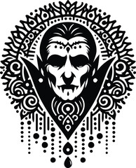 dracula in silhouete with bohemian nature pattern illustration
