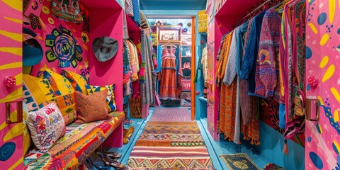 Eclectic dressing room display with bold patterns, colorful garments, and unique accessories, reflecting a vibrant and personalized fashion sense