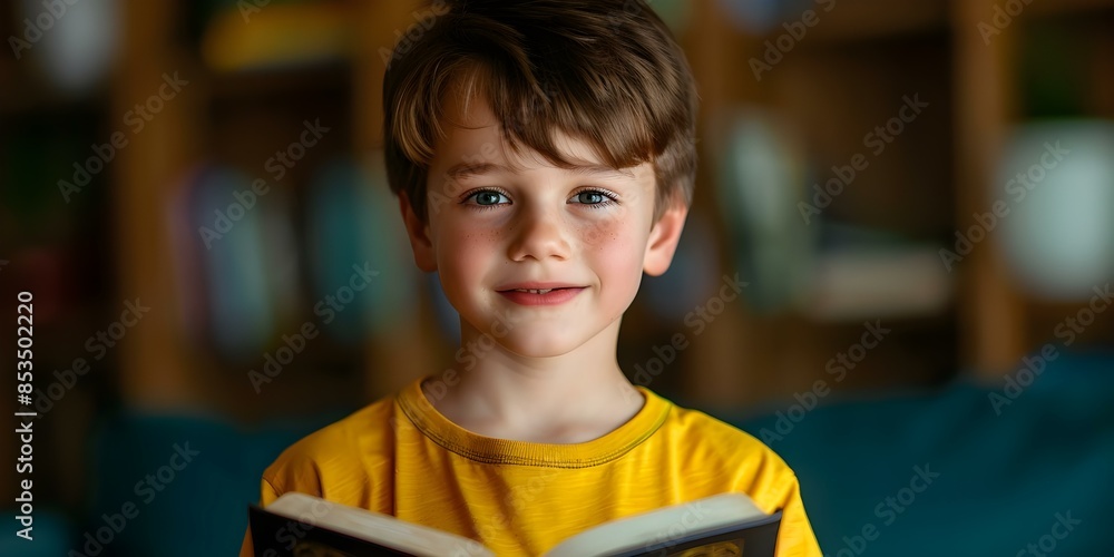 Wall mural young boy reading bible at home for christian study. concept family devotions, religious education,  - Wall murals