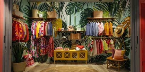 Tropical dressing room display with vibrant colors, leafy prints, and lightweight fabrics, evoking a sunny and relaxed atmosphere